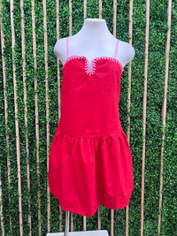 Red Pink Stitch Loop Detail Dropwaist Short Dress