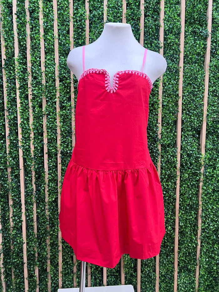 Red Pink Stitch Loop Detail Dropwaist Short Dress