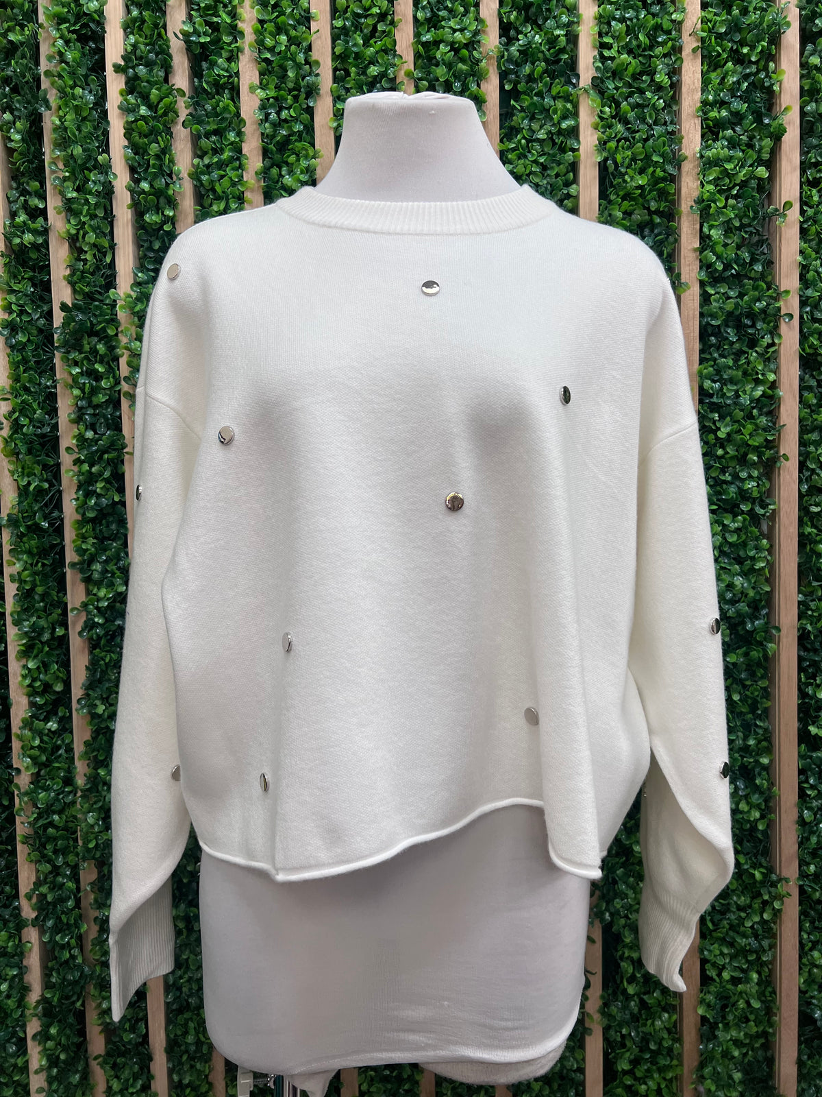 Ivory Studded Knit Sweater | Metallic Detail