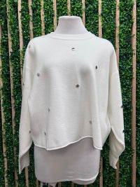 Ivory Studded Knit Sweater | Metallic Detail