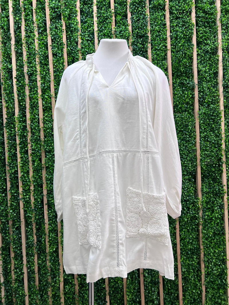 White Linen Crochet Pocket Tunic Dress