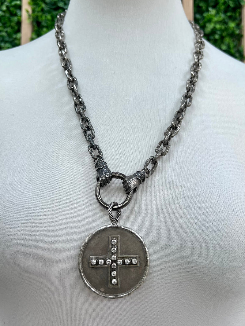 V2 Reversible Hands Holding Crystal Studs Cross / Coin Necklace