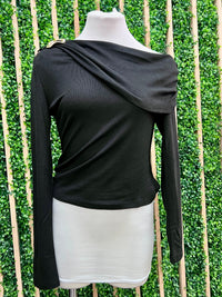 Asymmetric Ruched Metal Trim Shimmer Knit Top