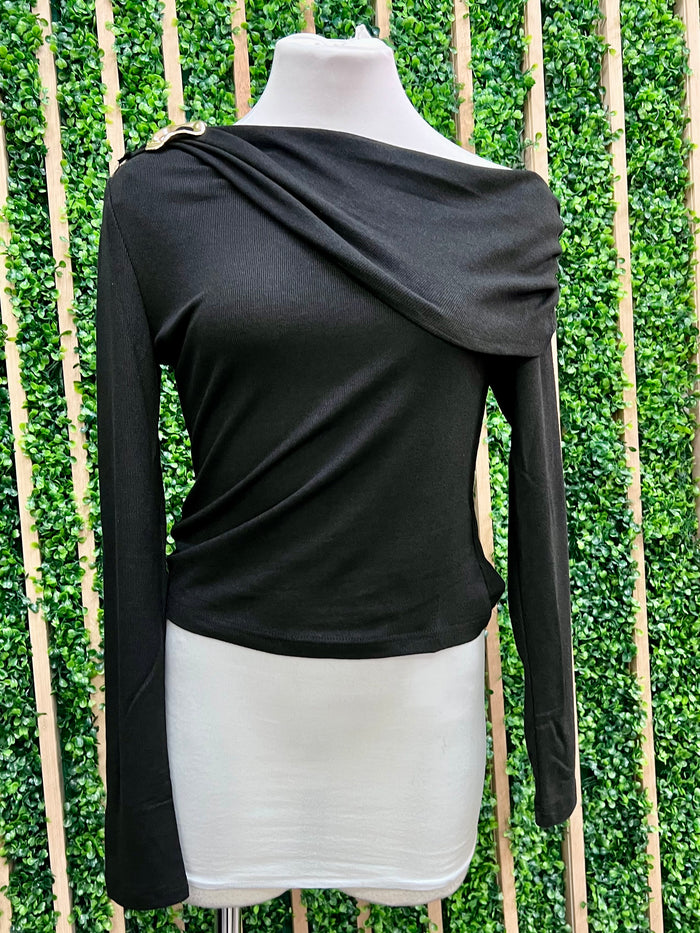 Asymmetric Ruched Metal Trim Shimmer Knit Top