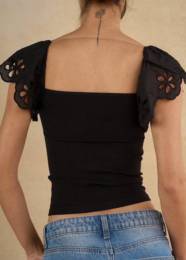 Eyelet Puff-sleeve Crop Top