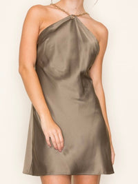 Dark Olive Halter Neck Satin Short Dress