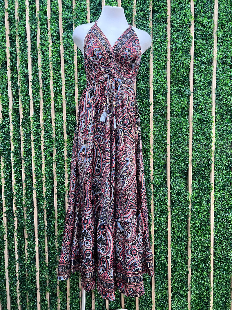 Paisley Smocked Waist Halter Maxi Dress