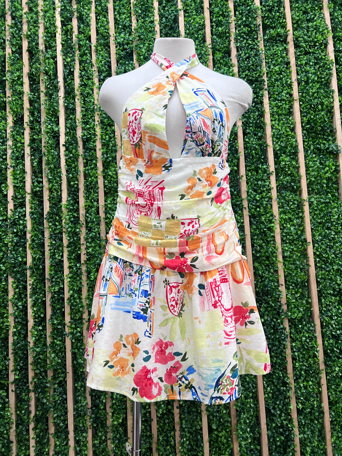 Abstract Scenery Halter Dress