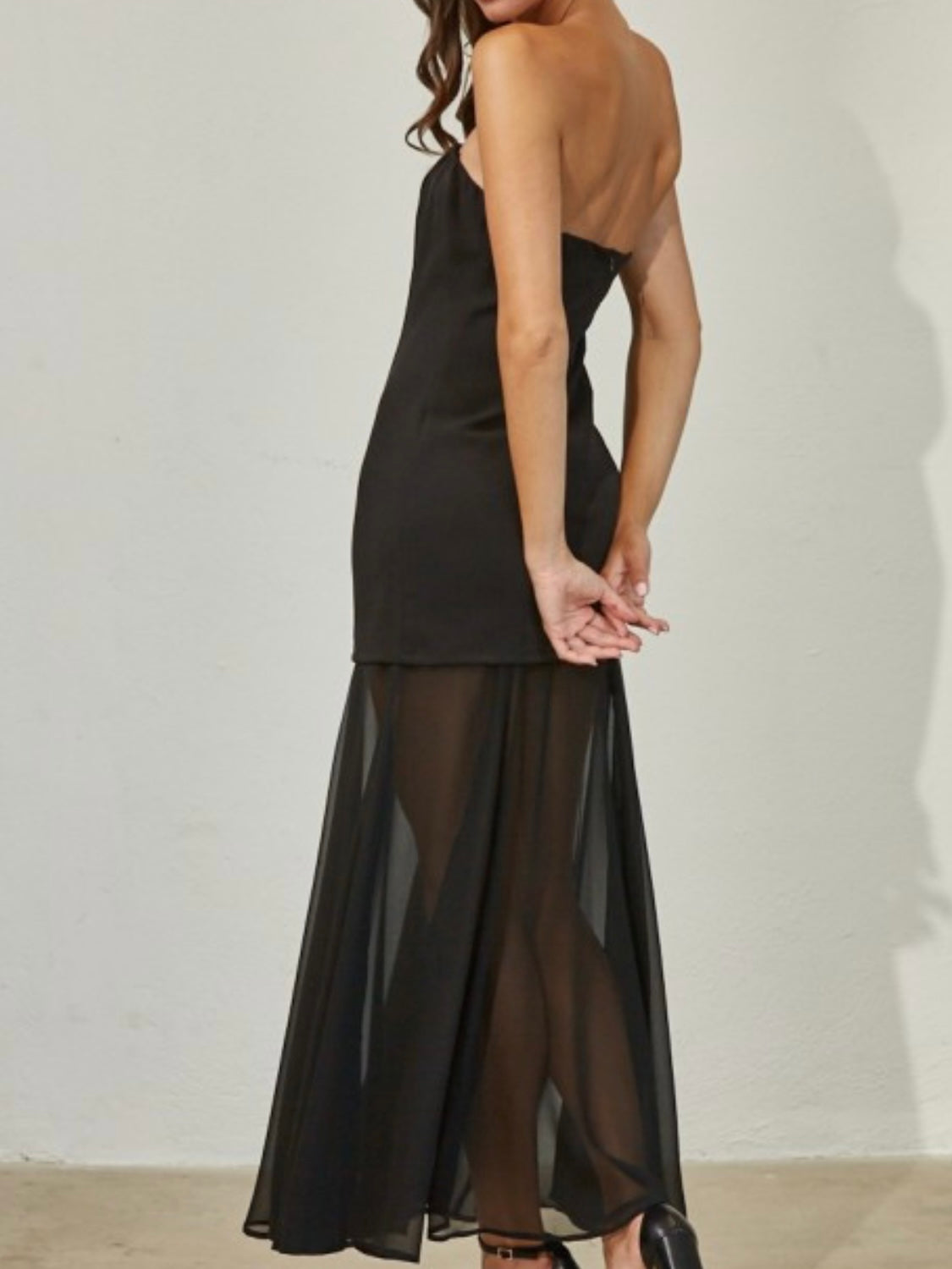 Black Chiffon Contrast Strapless Maxi Dress