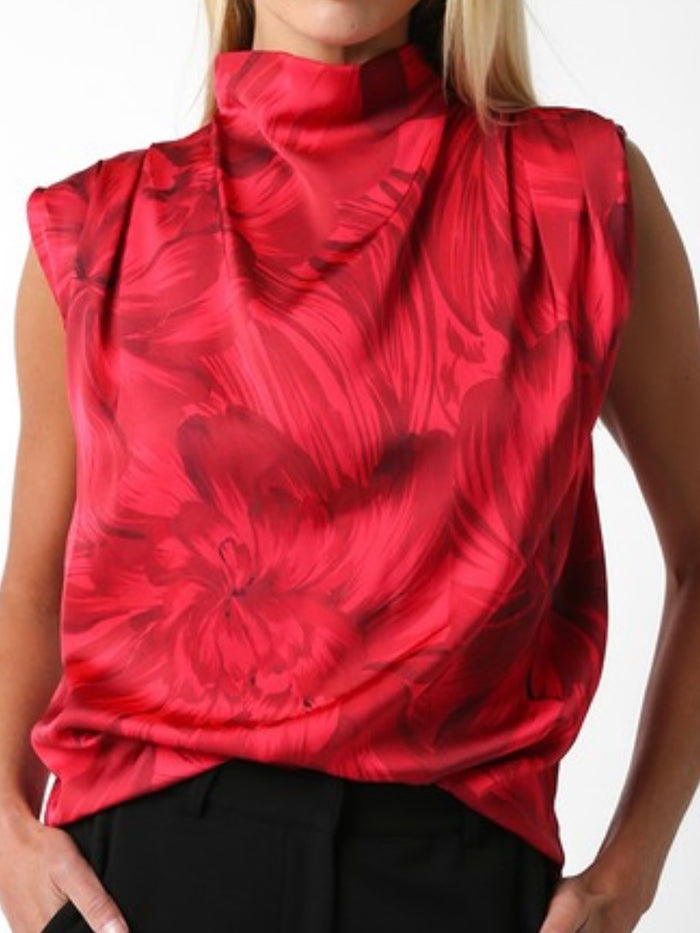 Red Floral Satin Cowl Neck Blouse