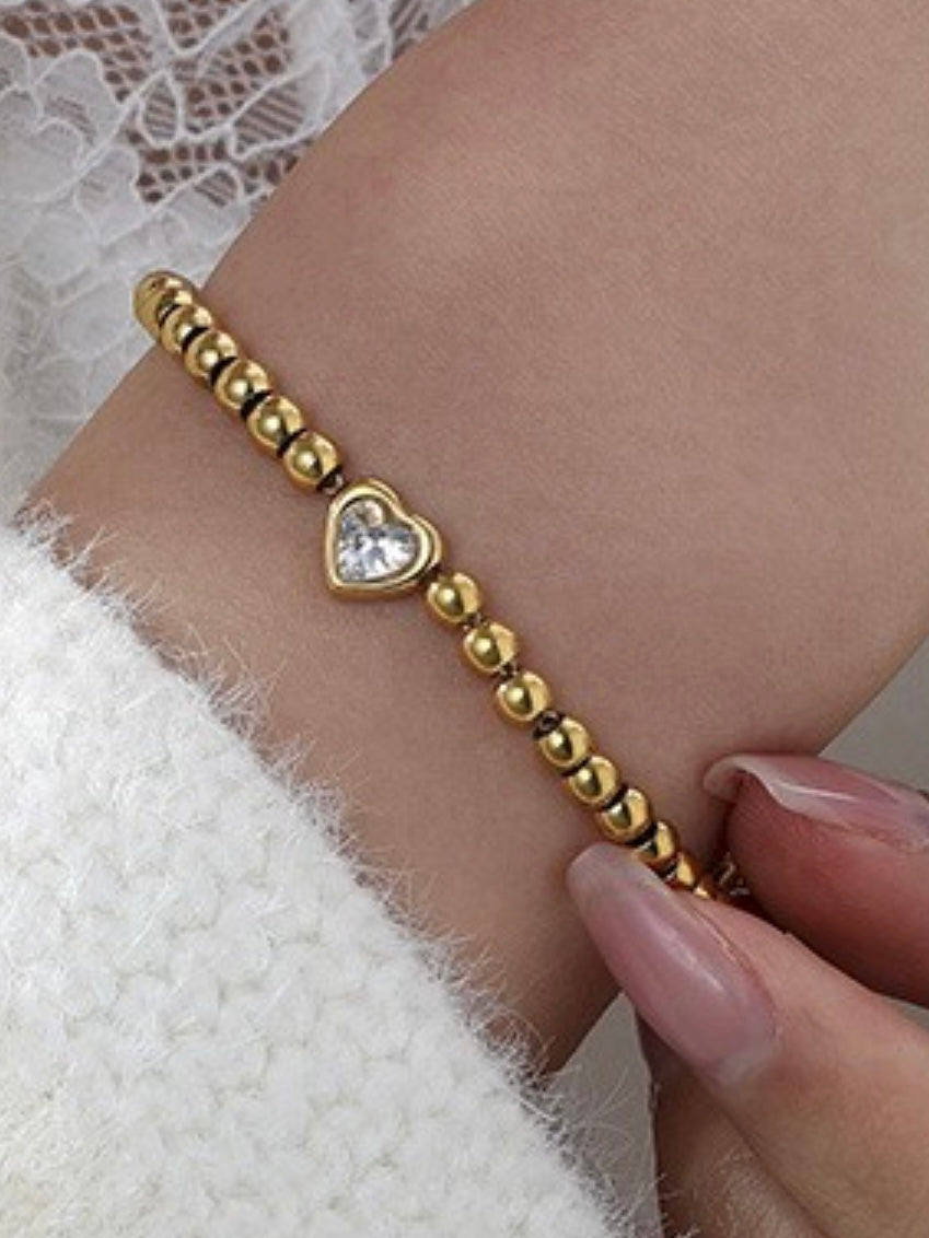 Crystal Heart Charm Bead Bracelet