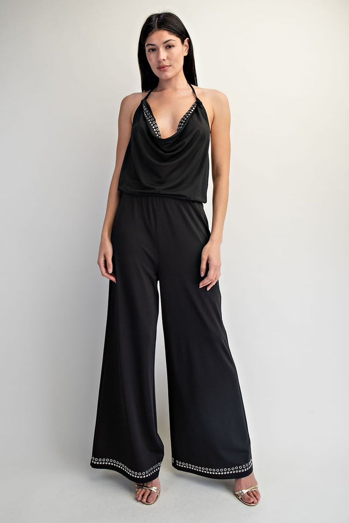 Black Grommet Trim Halter Wide-Leg Jumpsuit