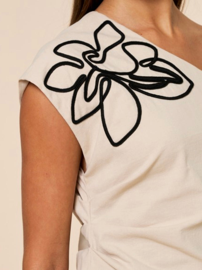 Taupe Black Flower Embroidery Fitted One Shoulder Midi Dress