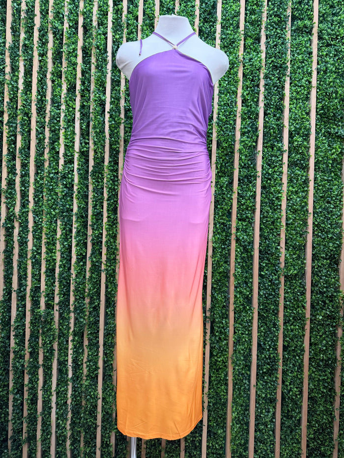 Fun Ombre Lilac Orange Halter Midi Dress