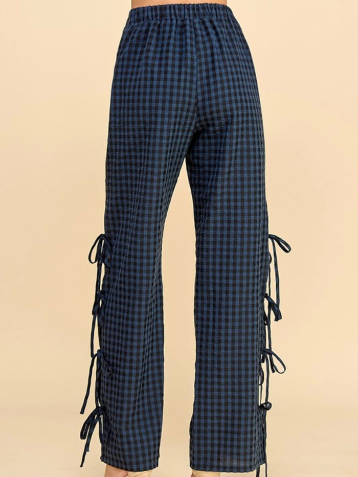 Navy Gingham Bow Detail Straight Pant