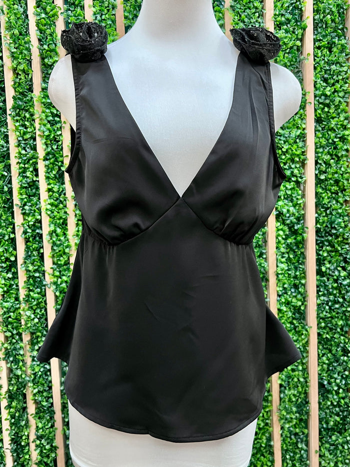 Black Sequin Rossette Applique Detail V Neck Top