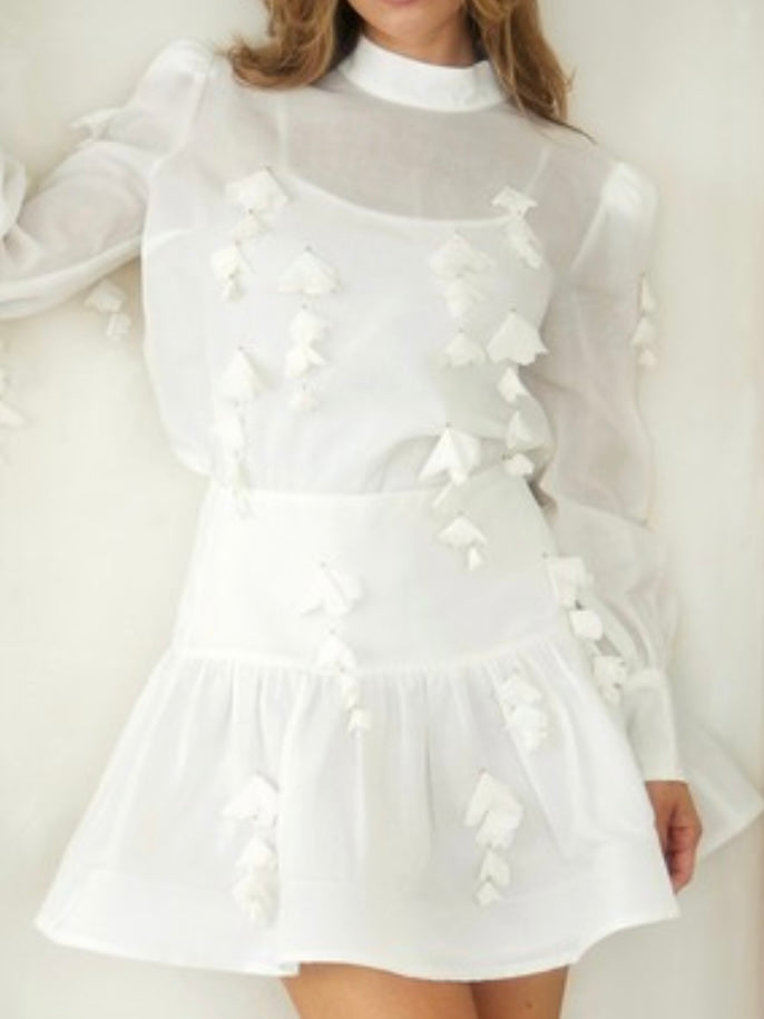 Beautiful Off White Floral Trim Mock Neck Blouse