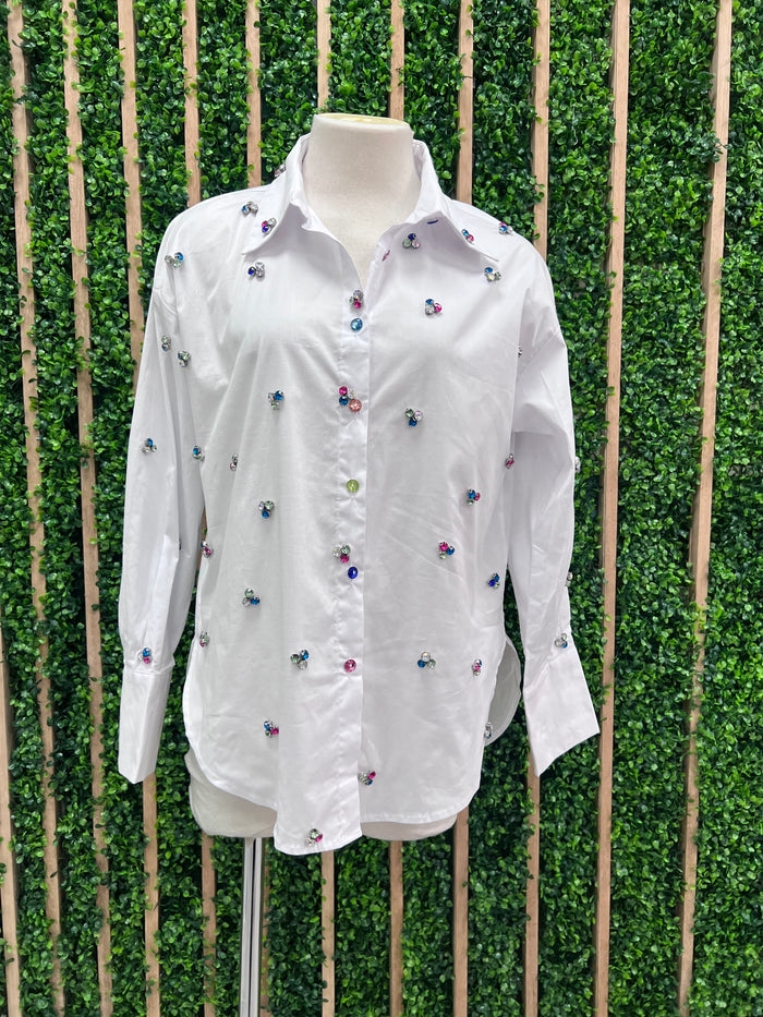 Multicolor Rhinestone Trio Embellished Blouse