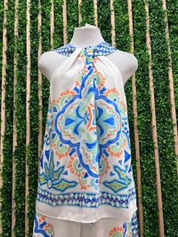 Blue Mediterranean Deco Print Halter Top