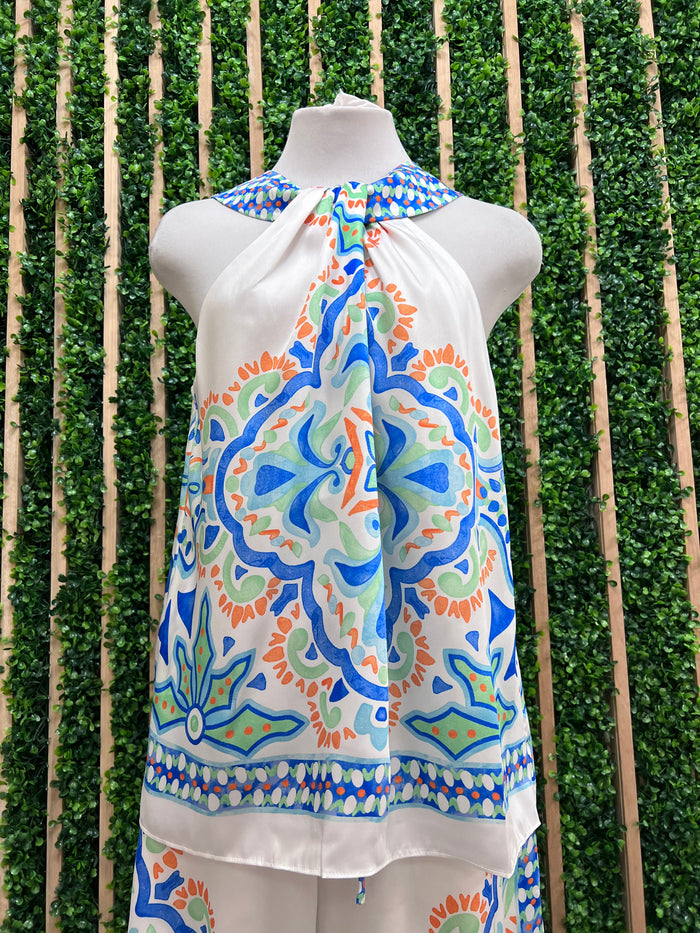 Blue Mediterranean Deco Print Halter Top