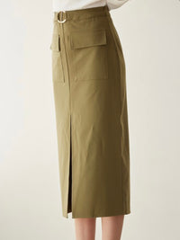 Olive High Waist Pocket Detail Midi Skirt