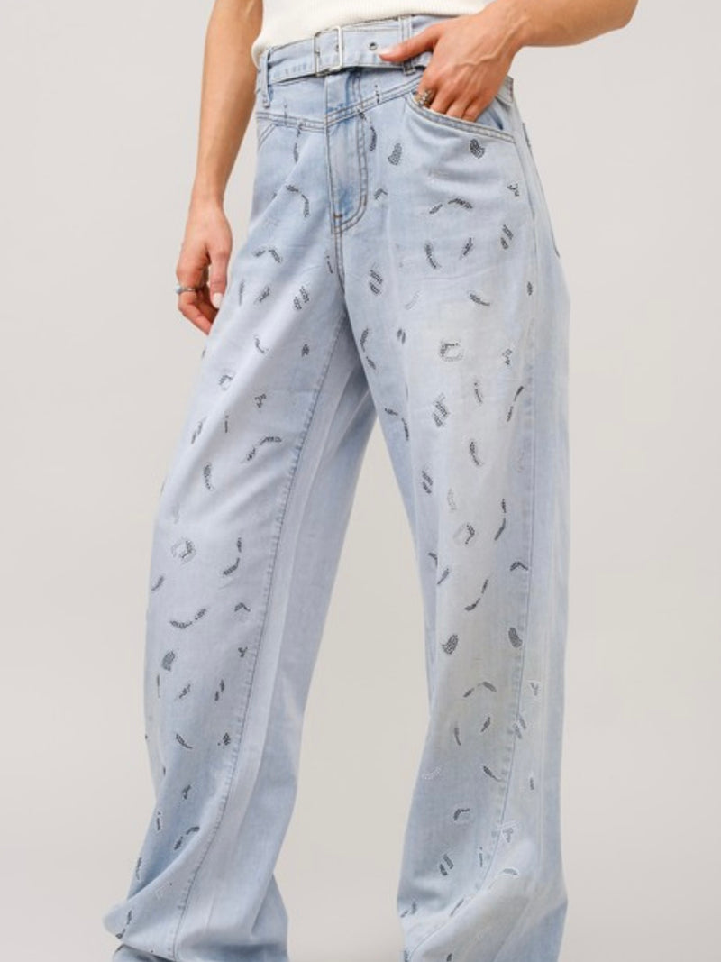 Belted Studded Leopard Wide Leg Jeans
