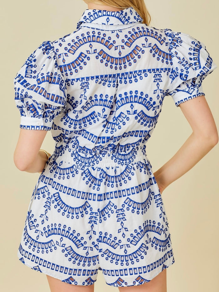 Blue White Embroidered Romper