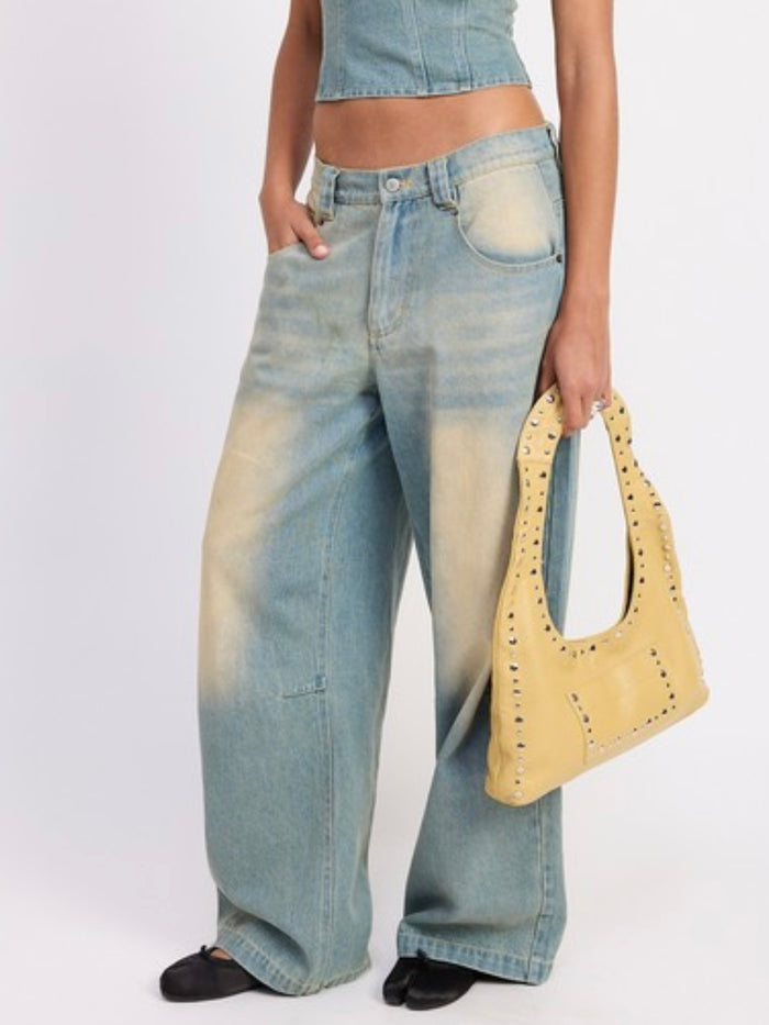 Wide Leg Washed Denim Pants With Crease Detail