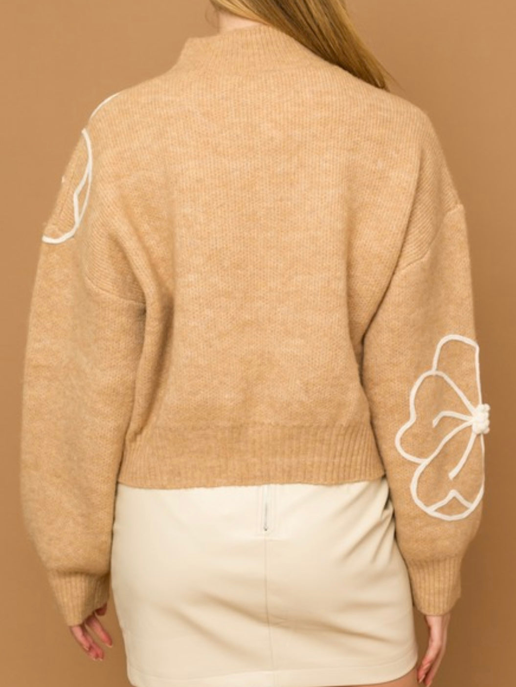 Flower Embroidery Mock Neck Sweater