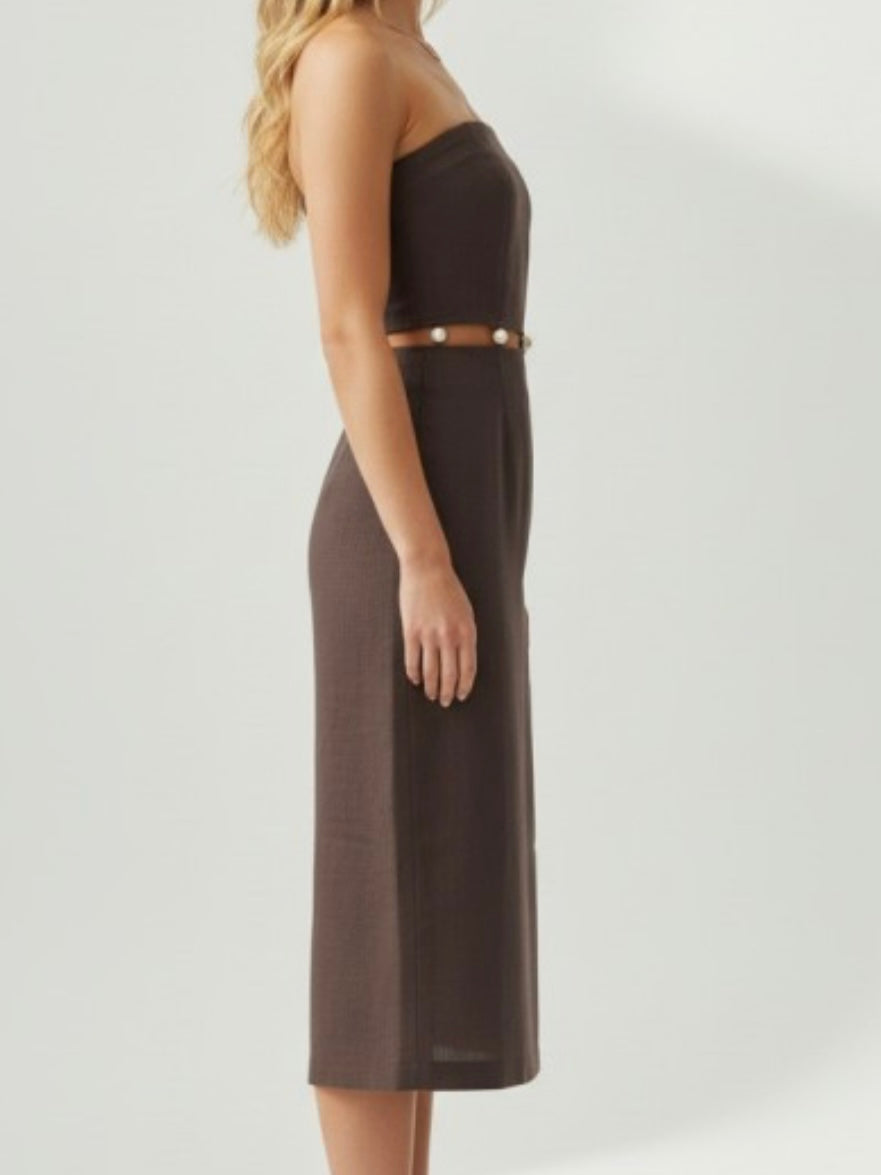 Chocolate Strapless Bead Detail Midi Dress