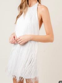 White Halter Fringe Detail HalterShort Dress