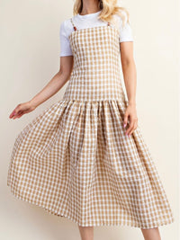 Wood Bead Detail Gingham Midi Dress