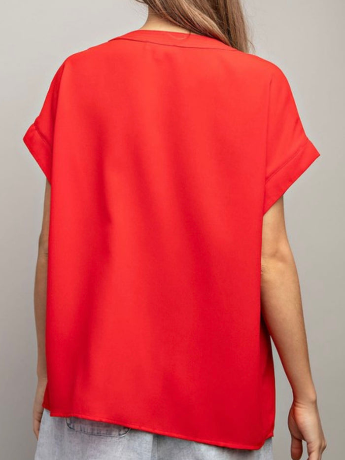 Tomato Red Front Slit Short Sleeve Blousr