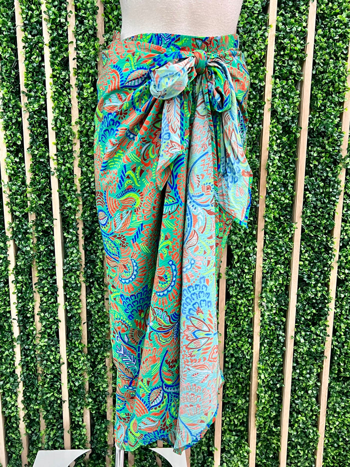 Green Print Wrap Midi Skirt