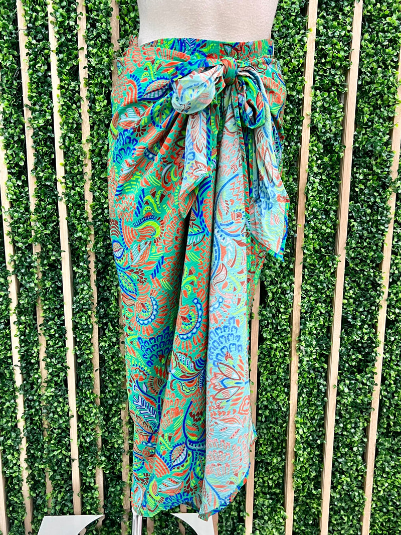 Green Print Wrap Midi Skirt