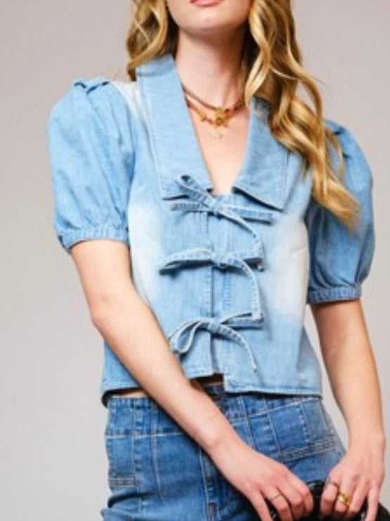 Peter Pan Collar Front Tie Denim Blouse