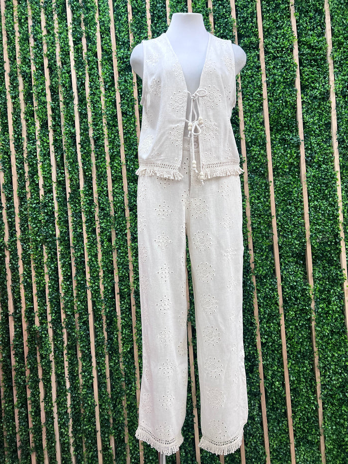Linen Eyelet Embroidered Pant Set
