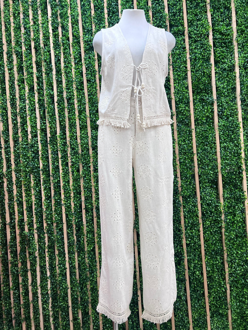 Linen Eyelet Embroidered Pant Set