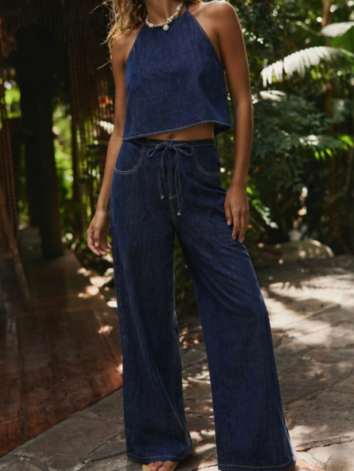 Dark Wash Drawstring Denim Wide-Leg Pants