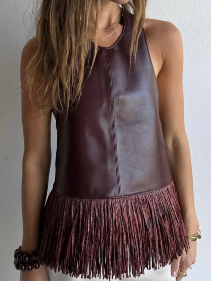 Burgundy Faux Leather Fringe Halter Top