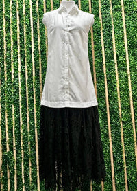 Ivory Black Lace Trim Collared Midi Dress