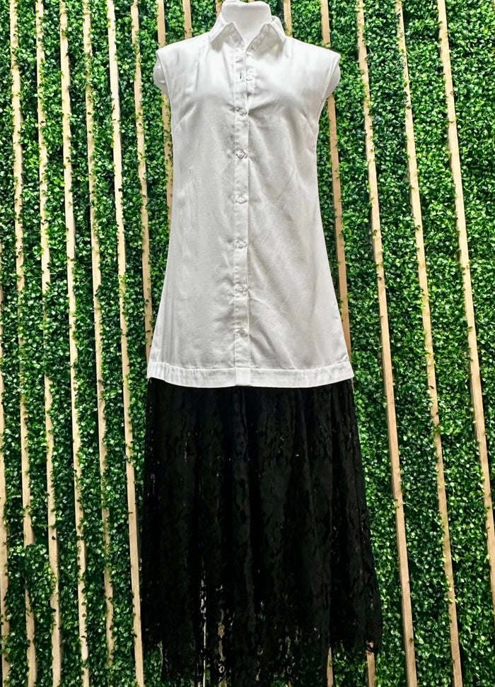 Ivory Black Lace Trim Collared Midi Dress