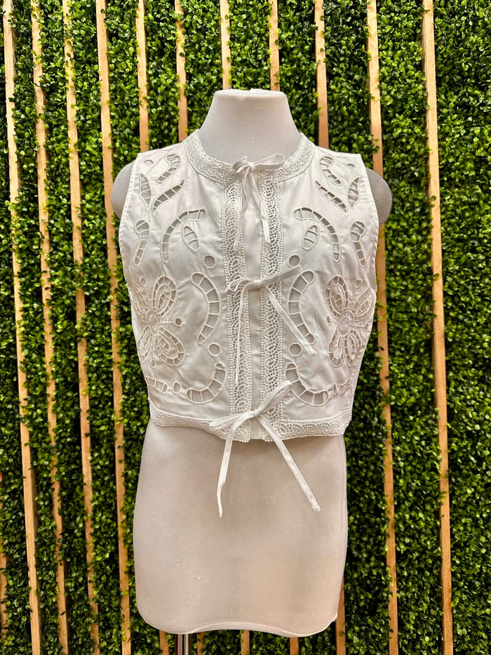 Exquisite White Embroidered Eyelet Front Tie Top