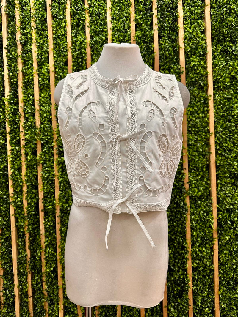 Exquisite White Embroidered Eyelet Front Tie Top