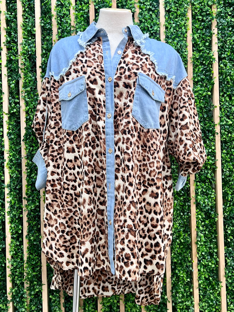 Denim Leopard Button Down Blouse