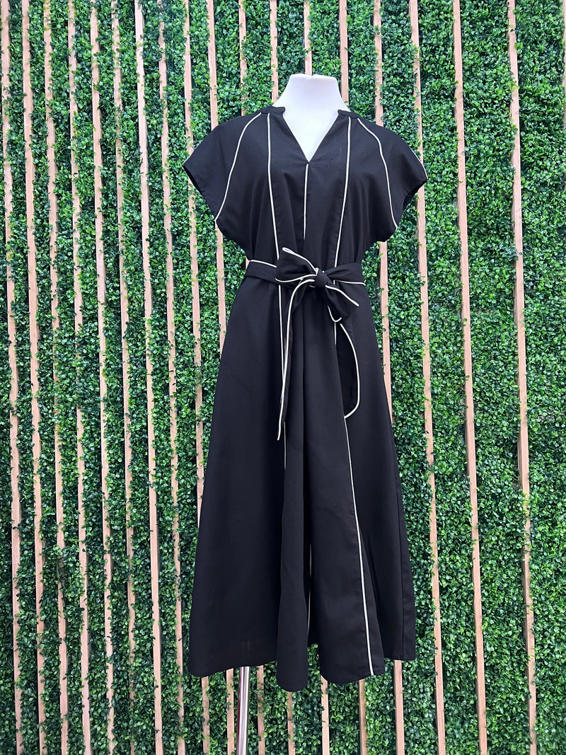Black Piping Detail V Neck Midi Dress