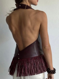 Burgundy Faux Leather Fringe Halter Top