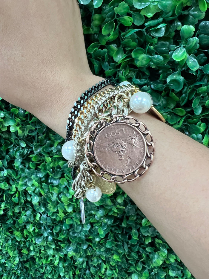 BE Multichain Bronze Coin Pearl Bracelet