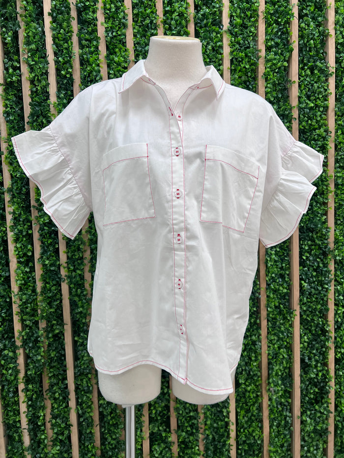 Stitch Detail Angel Sleeve Button Down Blouse