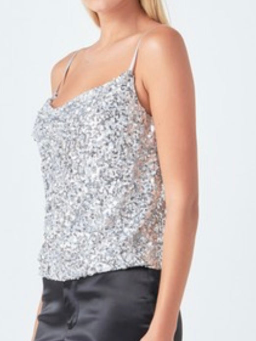 Silver Sequin Cowl Neck Top